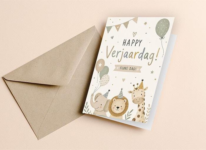 Dubbele kaart inclusief envelop
Vrolijke dieren