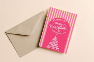 Kerstkaart roze geel gestreept